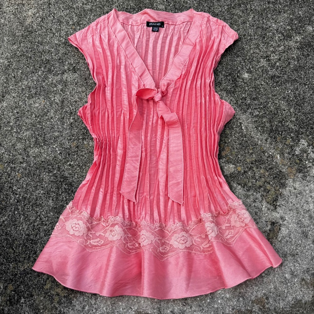 Y2K Piano Pink Lace Trim Pleated dainty coquette Sleeveless Top Size S
